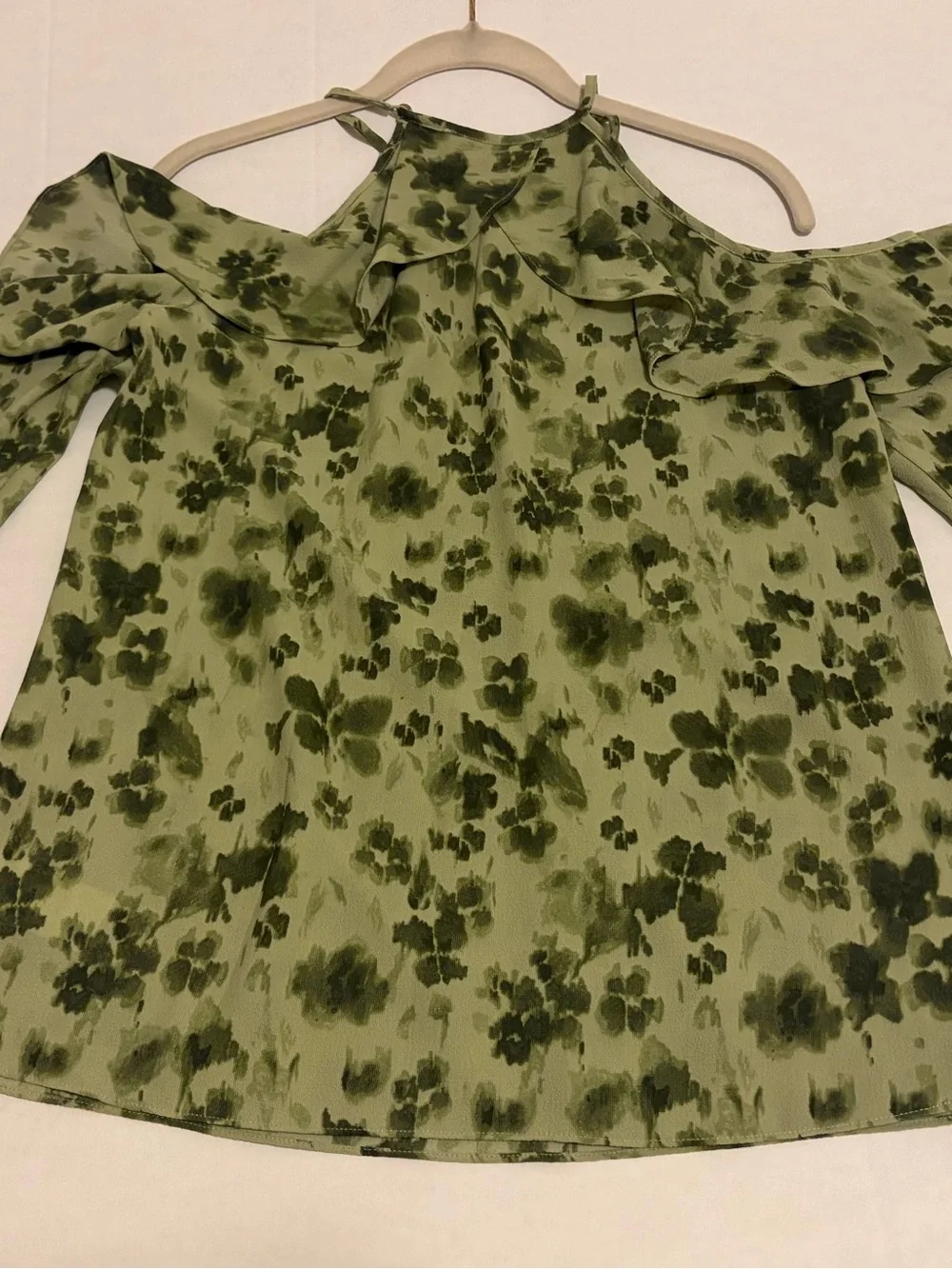 Michael Kors Olive Green Floral Cold-Shoulder Top - XS